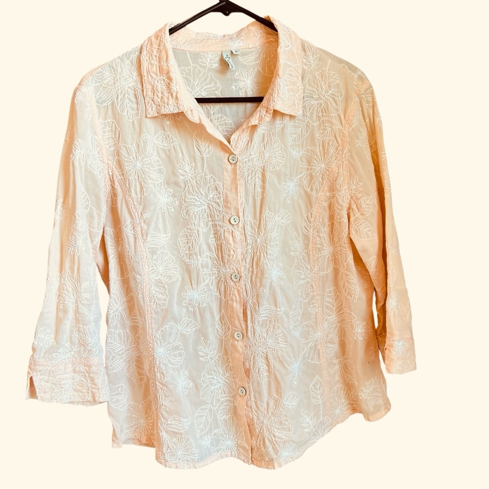 FOCUS Cotton Embroidered Light Peach Womens Medium Top Button Up 3/4 Sleeves